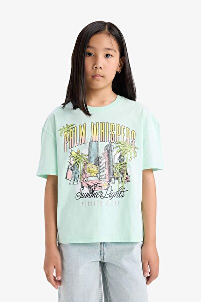 DeFacto Girls Relax Fit Crew Neck Printed Short Sleeve T-Shirt E0389A825Sm