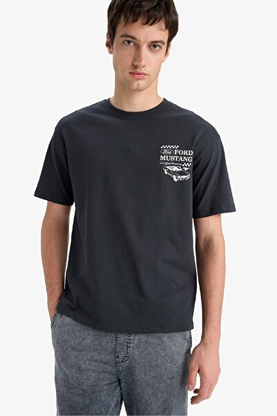 DeFacto 100% βαμβάκι Ford Motor Company Boxy Fit Crew λαιμόκοψη με στάμπα μπλουζάκι με κοντό μανίκι F4232AX25SM