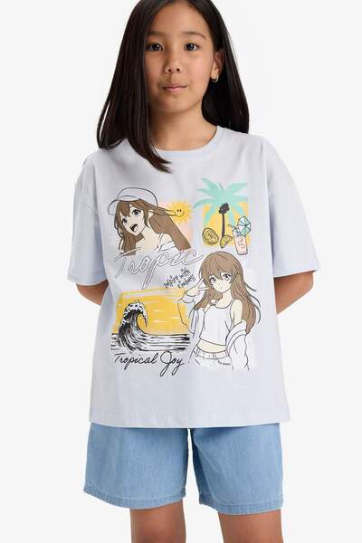 DeFacto Κοριτσίστικο μπλουζάκι με κοντό μανίκι με φαρδιά εφαρμογή με λαιμόκοψη E0356A825SM