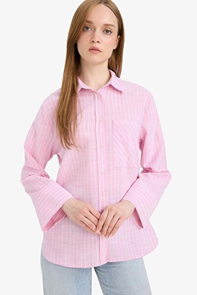 DeFacto Relax Fit Çizgili Flamlı Pamuk Uzun Kollu Gömlek Tunik F6314AX25SM