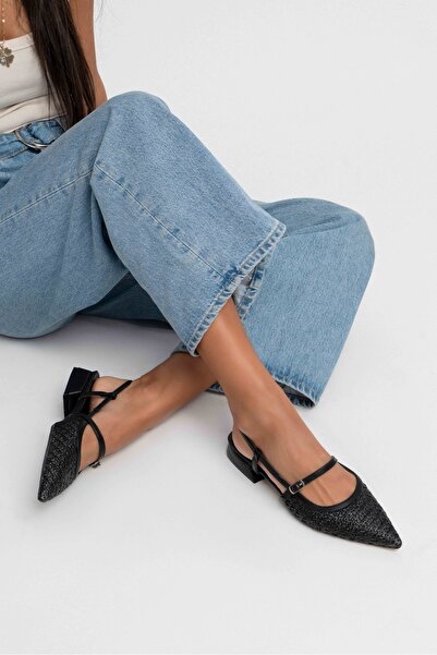 NİŞANTAŞI SHOES X-Harmony Straw Black Belt Detail Pointed Toe Short Heeled Women's Ballerinas