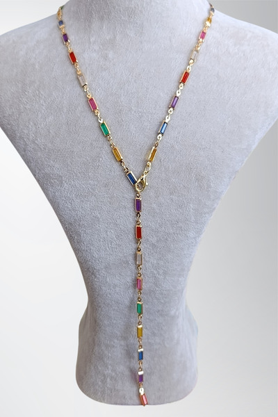 Birmem Kadın Çok Renkli Baget Taşlı Altın Kaplama Y Kolye