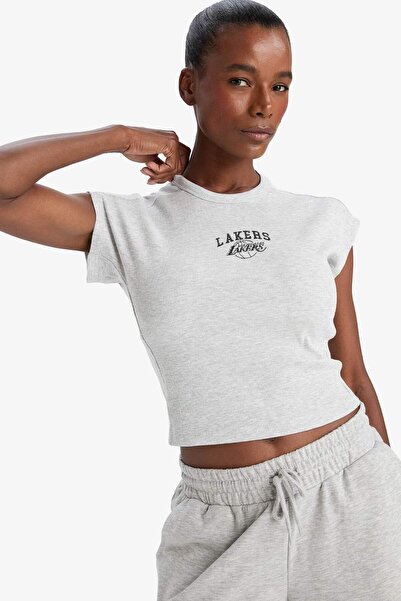 DeFacto Defactofit Nba Los Angeles Lakers Standard Fit Crew Neck Embroidery Print Ribbed Camisole Short Sleeve