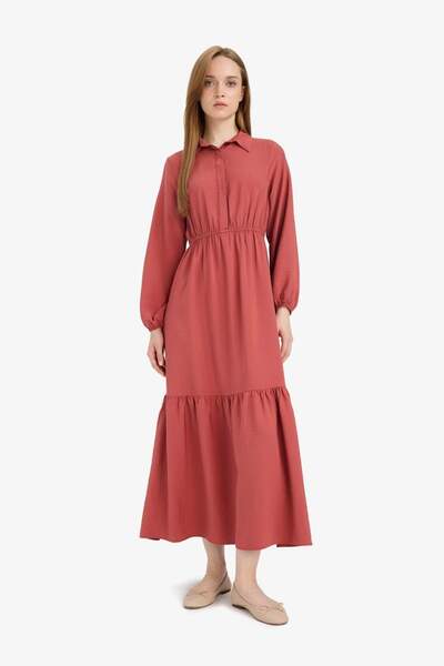 DeFacto Gömlek Yaka Basic Düz Düğmeli Beli Büzgülü Uzun Kollu Maxi Elbise D5851AX25SP