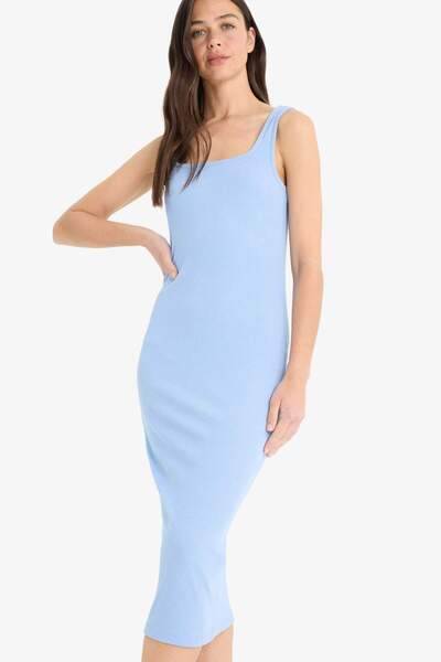 DeFacto Bodycon Vücudu Saran Kare Yaka Fitilli Kaşkorse Askılı Midi Yazlık Elbise Z7577AZ25SM