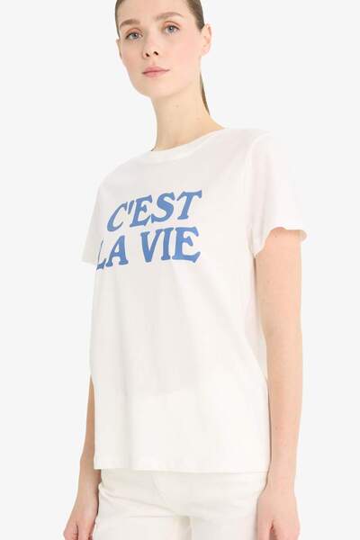 DeFacto Bedrucktes Kurzarm-T-Shirt aus gekämmter Baumwolle mit normaler Passform und Rundhalsausschnitt F5888AX25SM