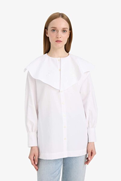DeFacto Relax Fit Geniş Yakalı Poplin Uzun Kollu Gömlek Tunik F4557AX25HS