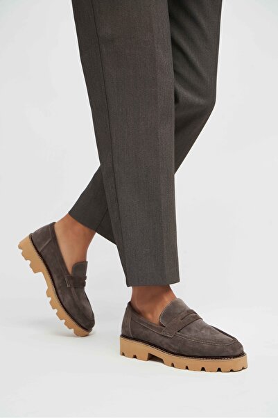 NİŞANTAŞI SHOES Voltran Dark Beige Genuine Suede Thick Sole Women's Loafer Shoes