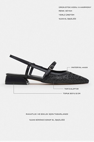 NİŞANTAŞI SHOES X-Harmony Straw Black Belt Detail Pointed Toe Short Heeled Women's Ballerinas