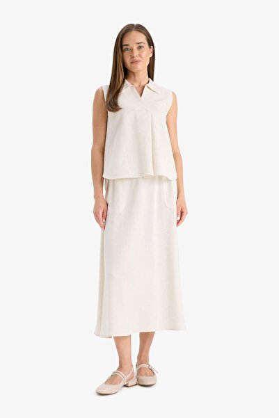 DeFacto Regular Fit Polo Neck Linen Blend Sleeveless Blouse F0982Ax25Hs