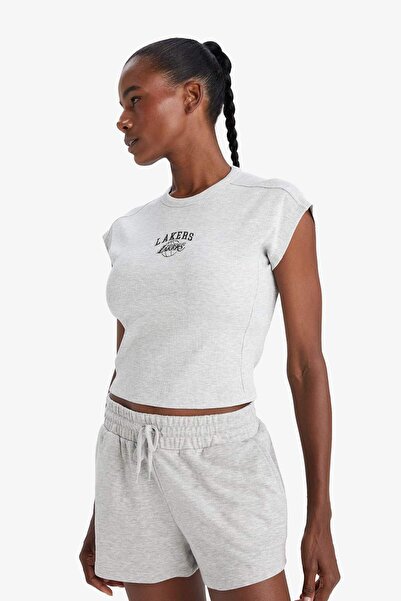 DeFacto Defactofit Nba Los Angeles Lakers Standard Fit Crew Neck Embroidery Print Ribbed Camisole Short Sleeve