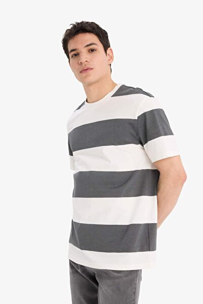 DeFacto 100% Cotton Regular Fit Crew Neck Striped Short Sleeve T-Shirt E5485Ax25Sm