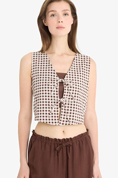 DeFacto Fitted V Yaka Kareli Bağlamalı Pamuklu Kolsuz Bluz F3202AX25SM