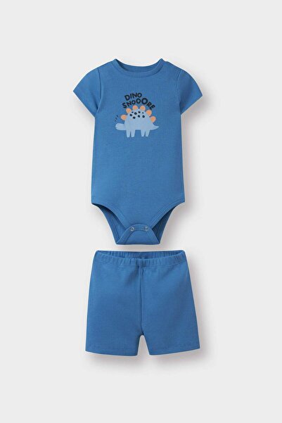 DeFacto Erkek Bebek 2'li Takım Dinozor Baskılı Fitilli Kaşkorse Kısa Kollu Çıtçıtlı Body Şort E8228A525SM