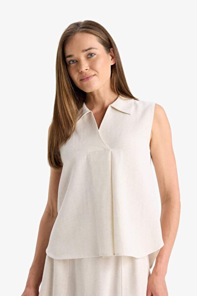 DeFacto Regular Fit Polo Yaka Keten Karışımlı Kolsuz Bluz F0982AX25HS