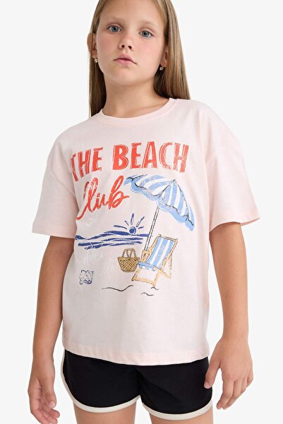 DeFacto Tricou cu mânecă scurtă pentru fete, cu imprimeu palmier, cu gâtul ro...