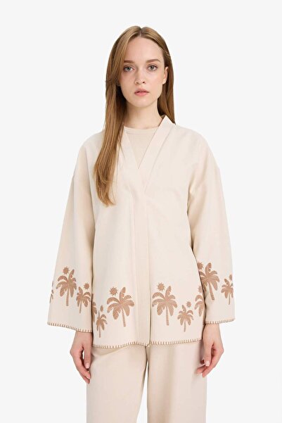 DeFacto Relax Fit Printed Linen Blend Long Sleeve Kimono F1406Ax25Sm