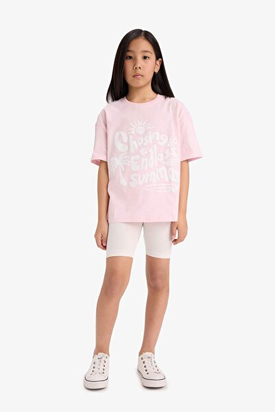 DeFacto Κοριτσίστικο μπλουζάκι με κοντό μανίκι με στάμπα με φαρδύ λαιμόκοψη E0392A825SM