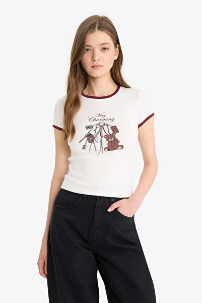 DeFacto Coool Tailliertes, geripptes Kurzarm-T-Shirt mit Rundhalsausschnitt und Aufdruck F5138AX25SM