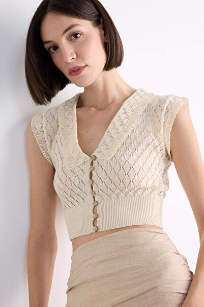 DeFacto Crop Collar Button Crochet Short Sleeve Cardigan F7500Ax25Sm