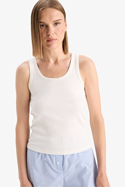 DeFacto Regular Fit Yuvarlak Yaka Kolsuz Ribana Pijama Üstü-Fall in Love F0110AX25SM