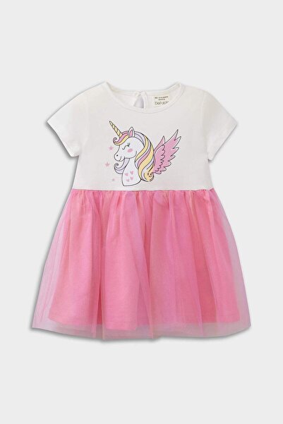 DeFacto Baby Girl Unicorn Printed Short Sleeve Summer Tulle Dress E8723A525Sm
