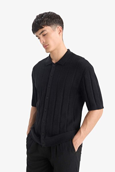 DeFacto 100% Cotton Standard Fit Polo Neck Short Sleeve Black Knitwear T-Shirt E4605Ax25Sm