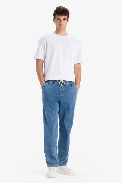 DeFacto Yazlık Wide Leg Geniş Kalıp Beli Lastikli Geniş Paça Jean Kar Yıkamalı Pantolon F3906AX25SM
