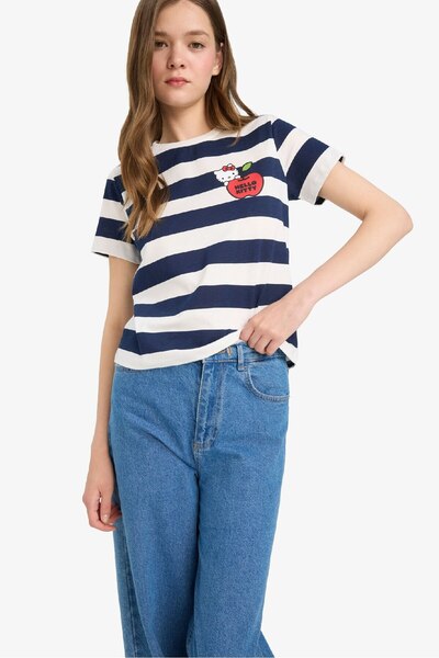 DeFacto Tricou cu mânecă scurtă cu decolteu în dungi Hello Kitty F4565AX25SM