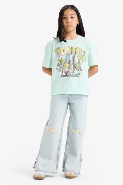 DeFacto Girls Relax Fit Crew Neck Printed Short Sleeve T-Shirt E0389A825Sm