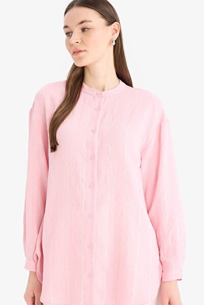 DeFacto Relax Fit Basic Düz Simli Kumaş Uzun Kollu Tesettür Gömlek Tunik D9759AX25HS