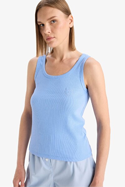 DeFacto Regular Fit Yuvarlak Yaka Kolsuz Ribana Pijama Üstü-Fall in Love F0110AX25SM