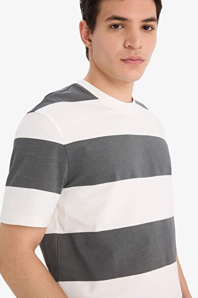 DeFacto 100% Cotton Regular Fit Crew Neck Striped Short Sleeve T-Shirt E5485Ax25Sm