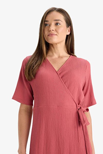 DeFacto Regular Fit V Yaka Kruvaze Kapama Kısa Kollu Midi Yazlık Elbise F3913AX25HS