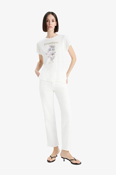 DeFacto Μπλουζάκι με κοντό μανίκι με λουλούδια με λαιμόκοψη F5098AX25SM