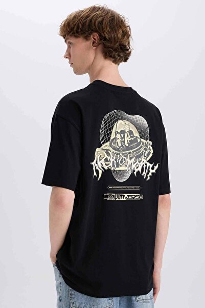 DeFacto %100 Pamuk Rick and Morty Boxy Fit Bisiklet Yaka Sırt Baskılı Kısa Ko...