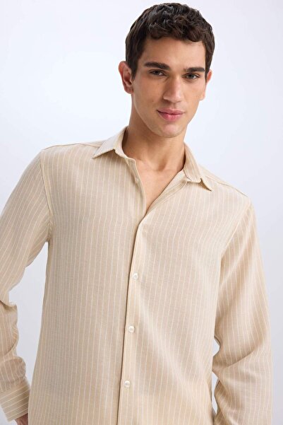 DeFacto Regular Fit Polo Yaka Keten Görünümlü Uzun Kollu Gömlek E3308AX25SM