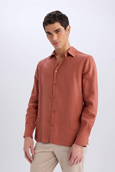 DeFacto %100 Keten Regular Fit Polo Yaka Yazlık Basic Düz Uzun Kollu Gömlek C1825AX25SM