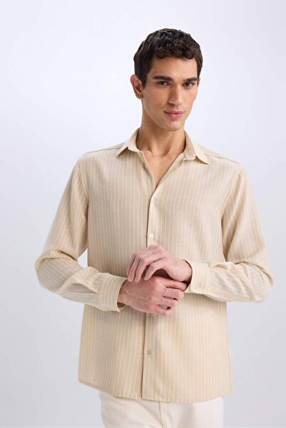 DeFacto Regular Fit Polo Yaka Keten Görünümlü Uzun Kollu Gömlek E3308AX25SM