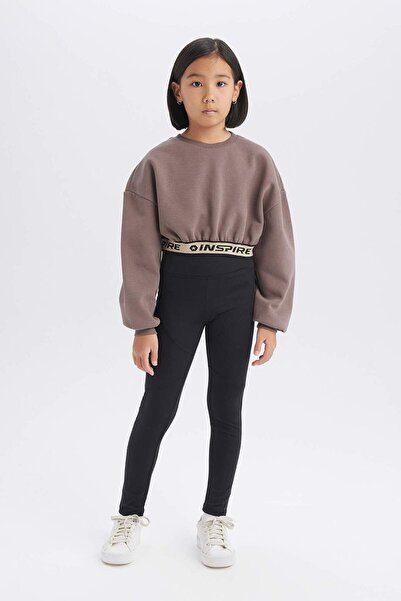 DeFacto Girls' Crop Crew Neck Printed Soft Furry Sweatshirt D6186A824Wn
