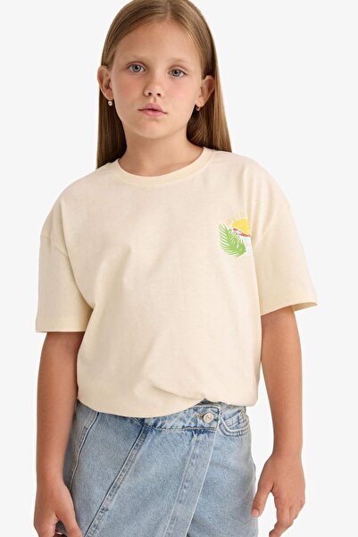 DeFacto Girl's Relax Fit Crew Neck Back Printed Short Sleeve T-Shirt E0387A825Sm