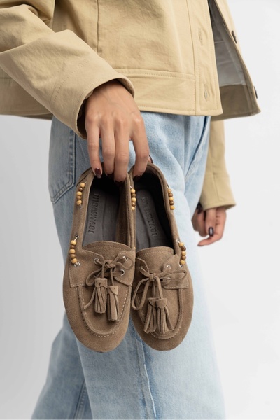 NİŞANTAŞI SHOES Fisher Rome Beige Genuine Suede Flat Sole Bead Detail Women's Ballerina Shoes