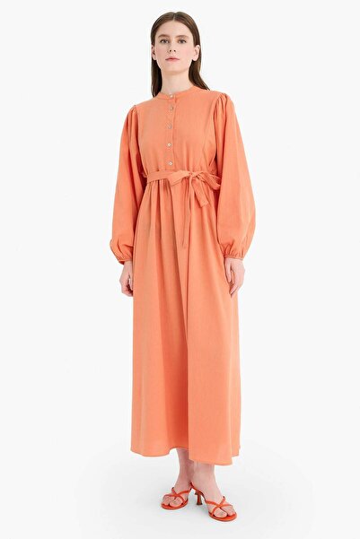 DeFacto Relax Fit Hakim Collar Belted Muslin Long Sleeve Maxi Hijab Dress F1624Ax25Sm