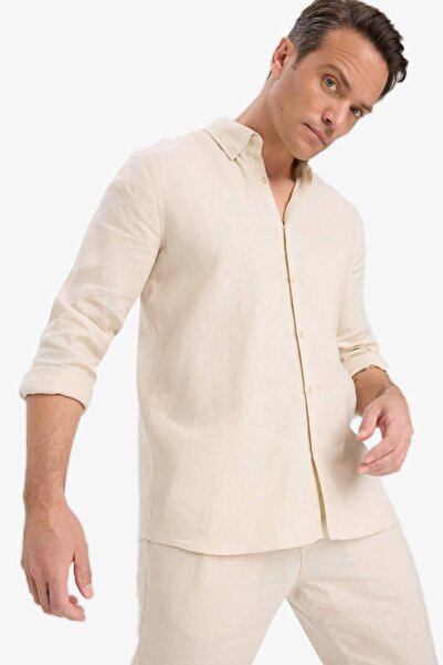 DeFacto %100 Keten Regular Fit Polo Yaka Yazlık Basic Düz Uzun Kollu Gömlek C1825AX25SM
