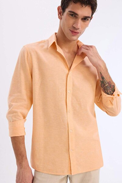 DeFacto Regular Fit Polo Yaka Keten Karışımlı Yazlık Uzun Kollu Gömlek E0555AX25SM