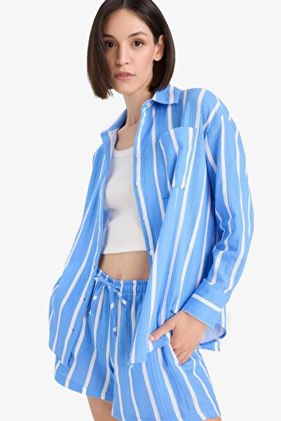 DeFacto Oversize Geniş Kalıp Çizgili Müslin Uzun Kollu Gömlek F2244AX25SM