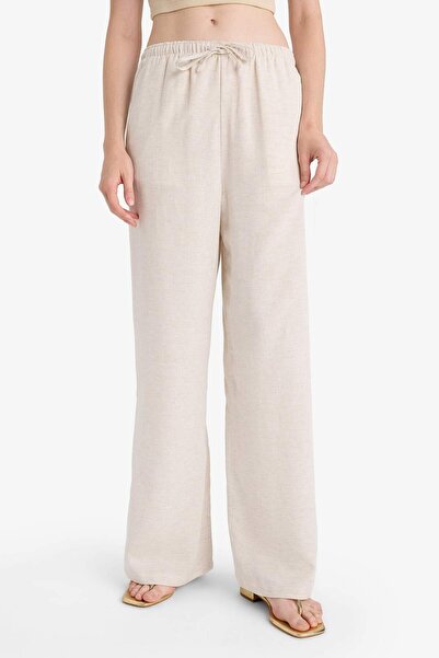 DeFacto Wide Leg Cepli Yüksek Bel Standart Boy Keten Karışımlı Pantolon F5024AX25SP