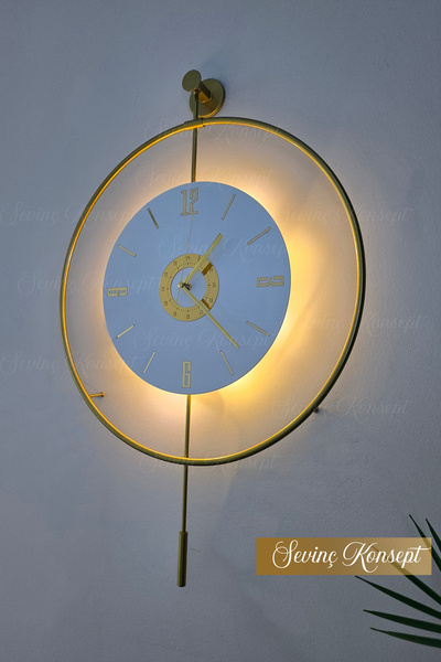 SEVİNÇ KONSEPT Led'li Gold Orjin 24 (Büyük Boy 50 X 75 Cm), Modern Dekoratif Sarkaçlı Metal Duvar Saati