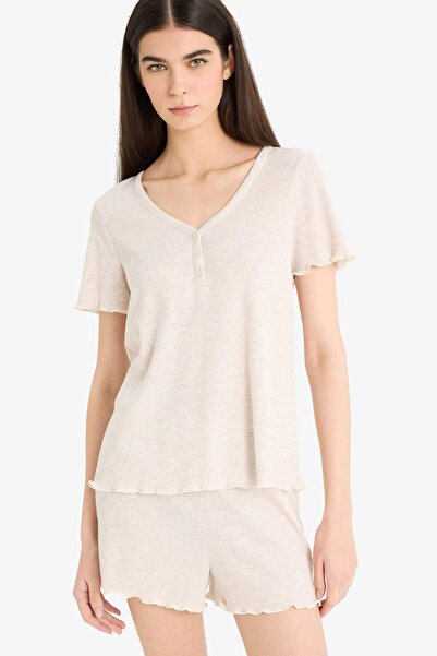 DeFacto Regular Fit Ribana Kısa Kollu Üst Beli Lastikli Şort- Fall in Love E9832AX25SM