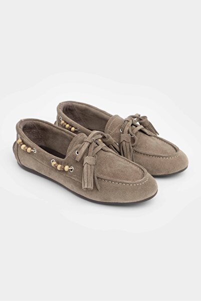 NİŞANTAŞI SHOES Fisher Rome Bej Hakiki Süet Düz Taban Boncuk Detay Kadın Babet Ayakkabı